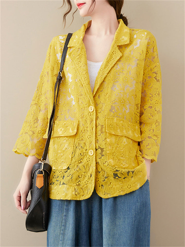 Women's Elegant Floral Lace Hollow Out Lapel Blazer