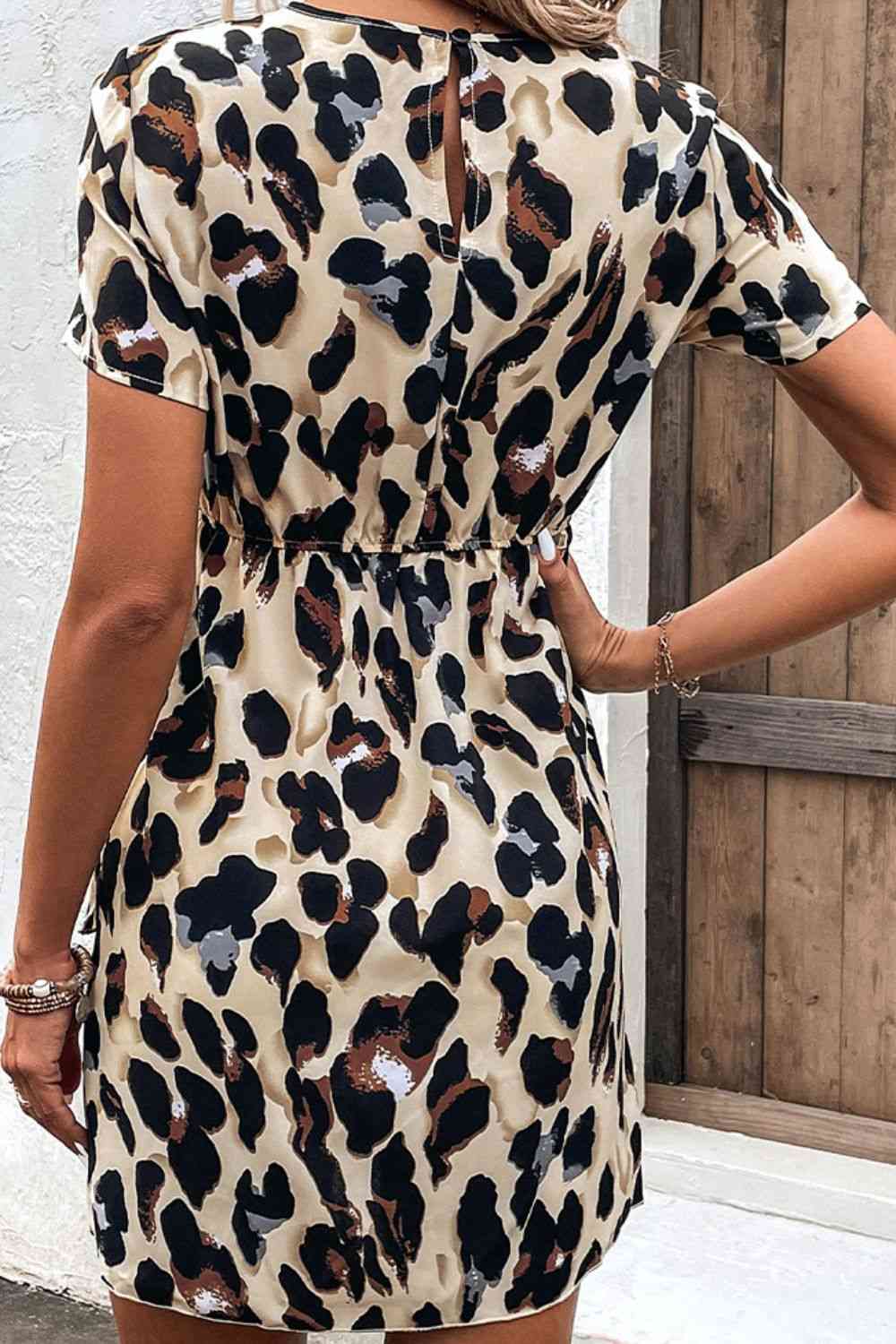 Animal Print Belted Keyhole Round Neck Dress