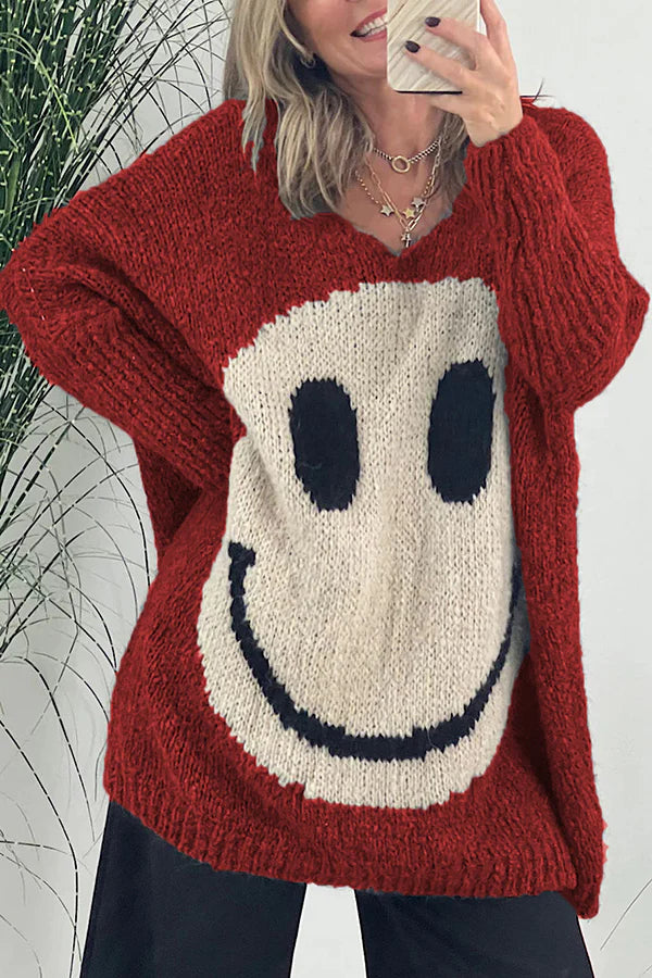 Ivyshape | Is Everything Knit Smiley Face Long Sleeved Sweater