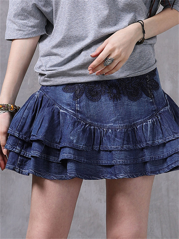 Stylish Multi-Layer Embroidery Blue Denim Short Skirt