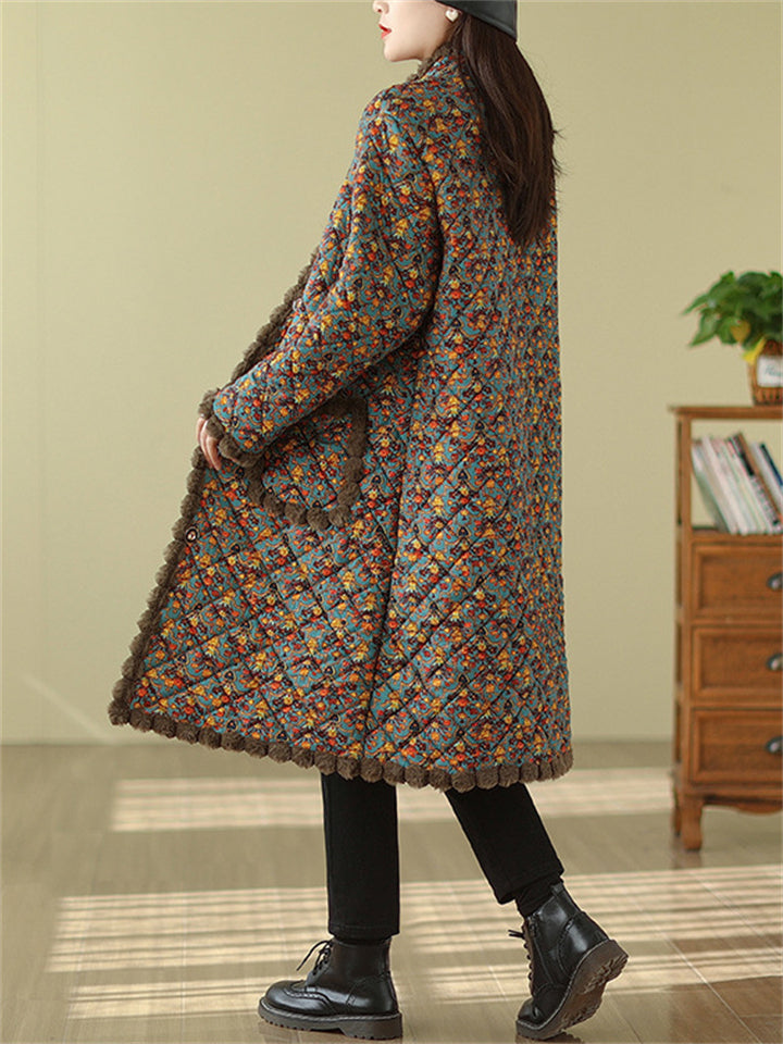 Ethnic Style Faux Fur Collar Warm Plush Floral Long Coat for Women