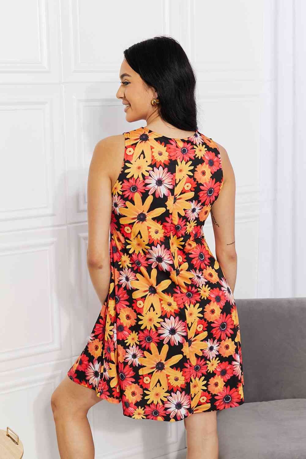 Yelete Full Size Floral Sleeveless Dress with Pockets