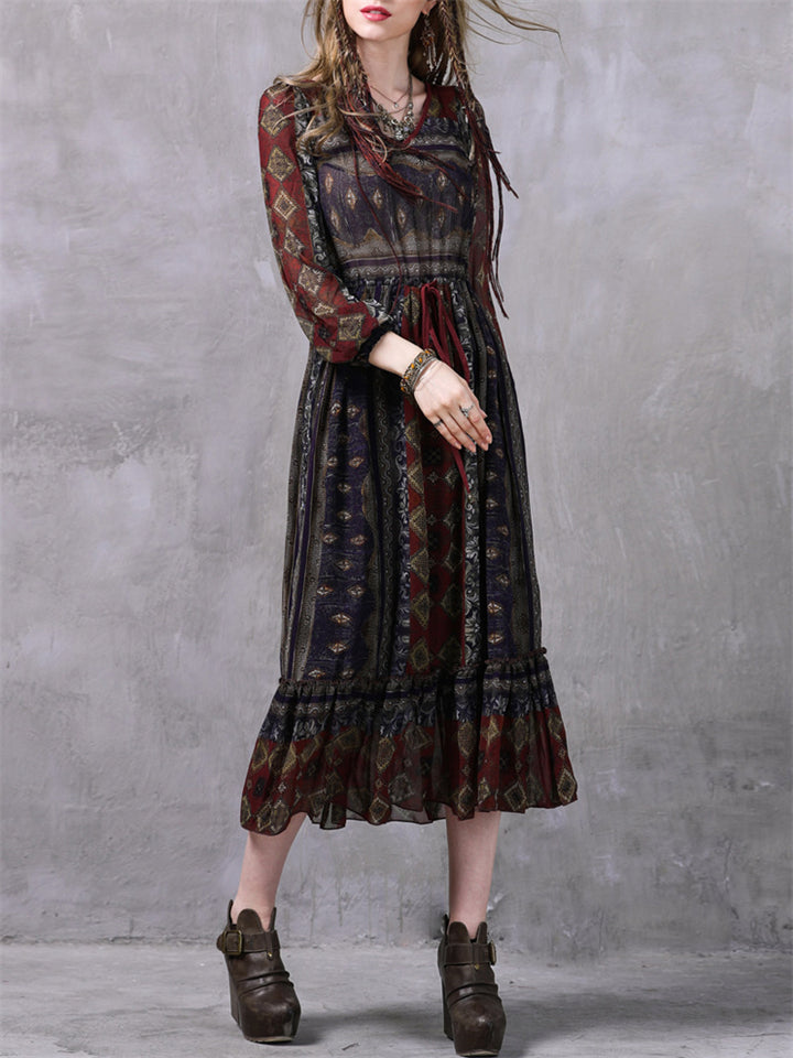 Ethnic Style V-Neck Printed Ruffled Hem Chiffon Dress