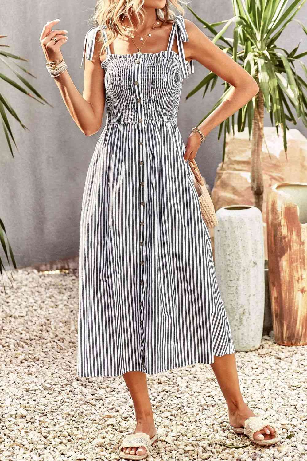 Smocked Tie Strap Sleeveless Striped Midi Dress