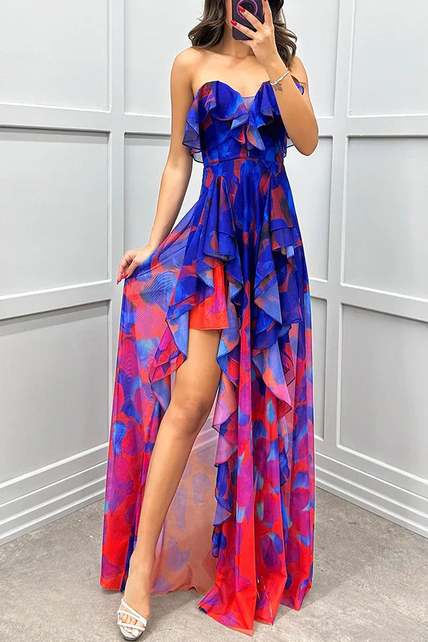 Ivyshape | Moment Gradient Unique Print Flowing Layered Ruffles Strapless Slit Maxi Dress