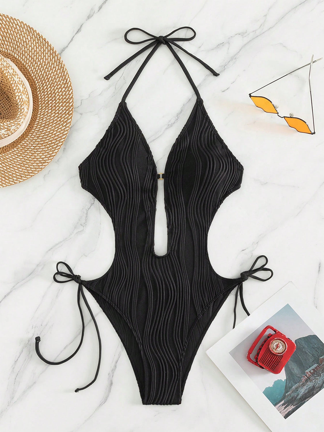 Ivyshape | Textured Cutout Tied One-Piece Swimwear