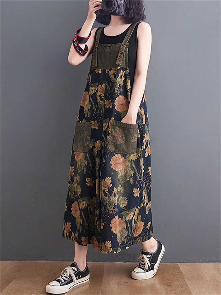 Summer Wide Leg Overalls Women's Floral Printed Denim Jumpsuits