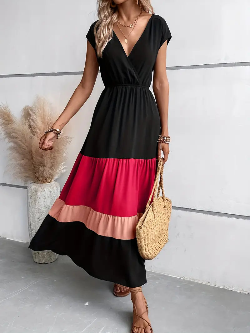 Ivyshape | Pleated Dress with Color Block