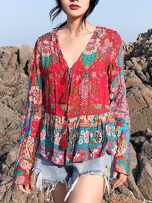 Loose Long Sleeves Lace Up Blouses Shirt Bohemian Tops