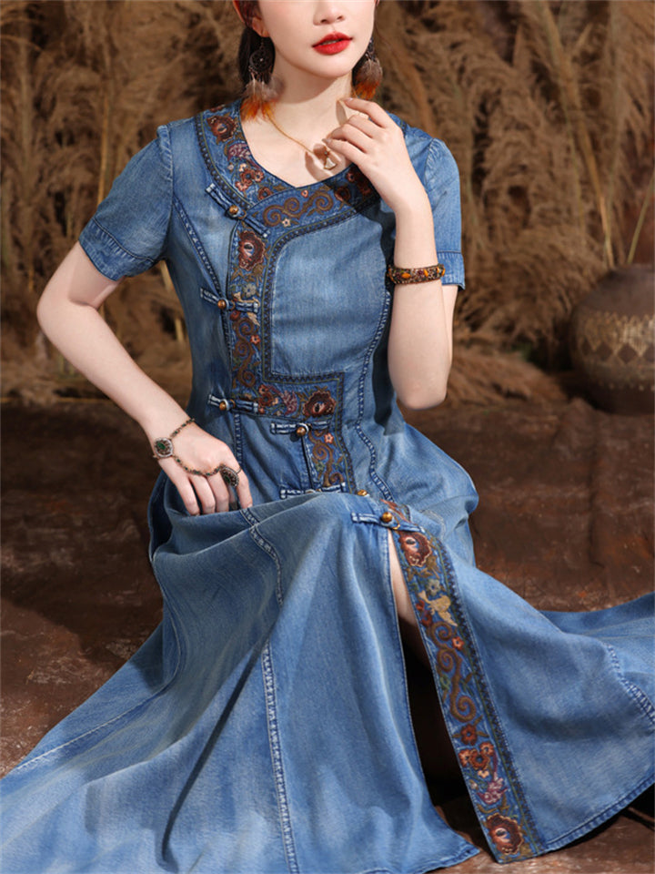 Exquisite Embroidered Vintage Denim Dresses for Women