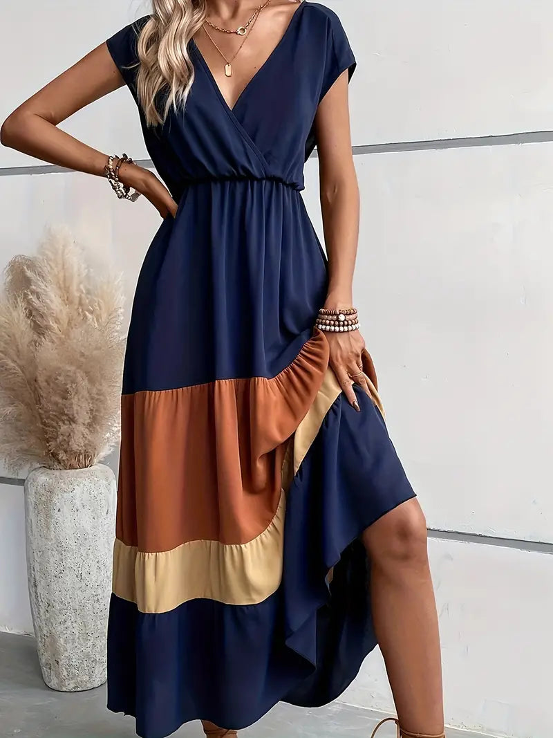 Ivyshape | Pleated Dress with Color Block