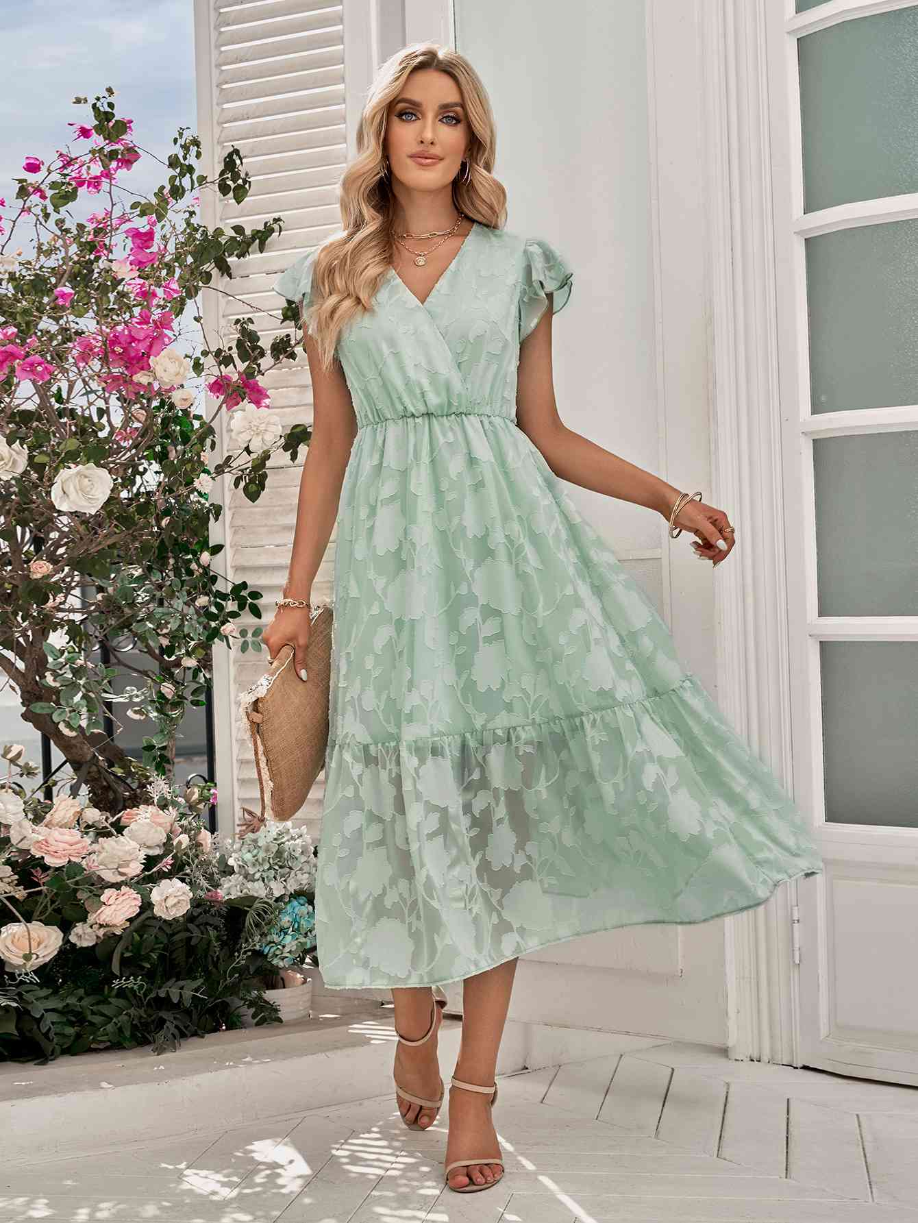 Floral Surplice Flutter Sleeve Dress