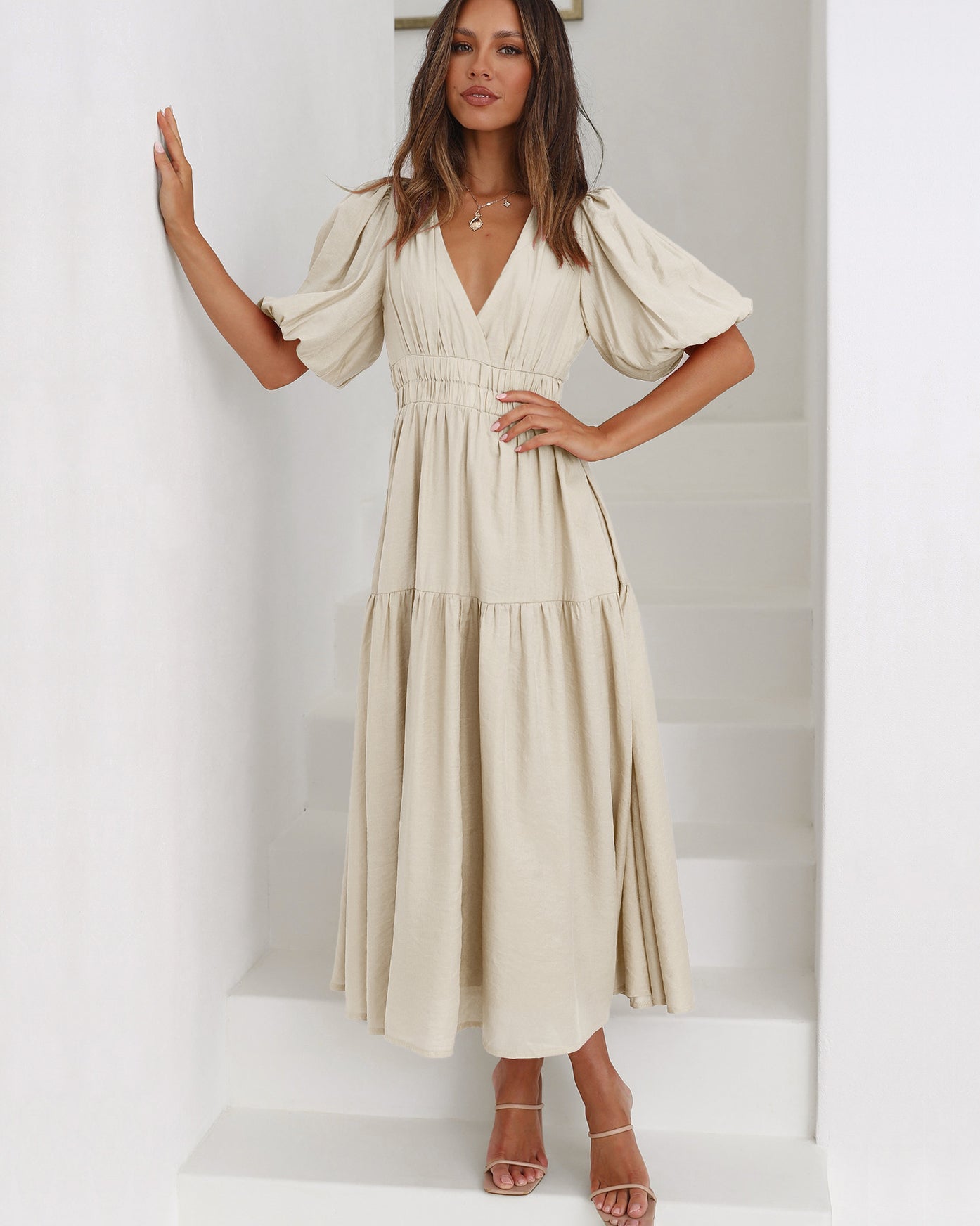 Ivyshape | Dress V-Neckline Puffed Sleeves