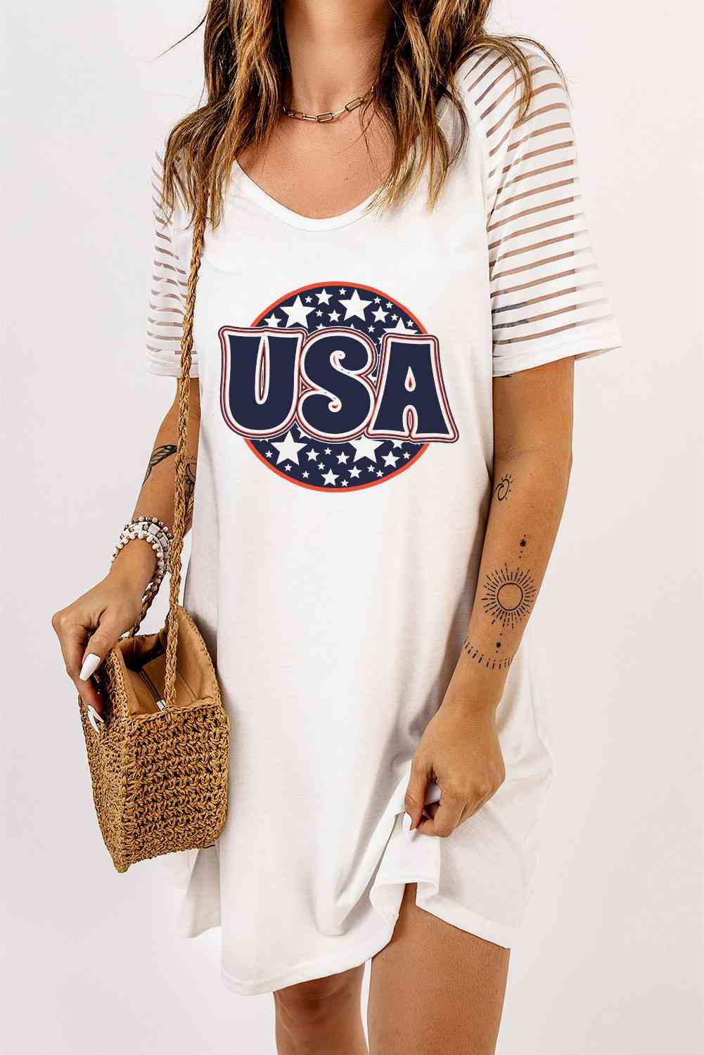 USA Sheer Striped Sleeve Tee Dress