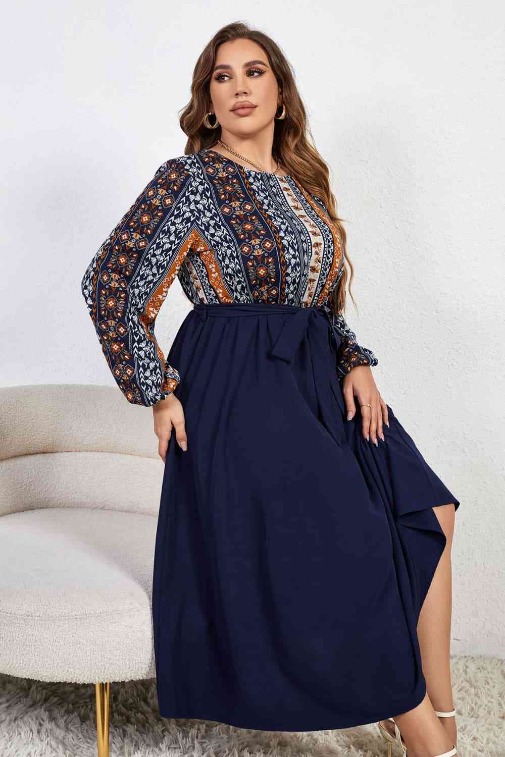 Melo Apparel Plus Size Printed Tie Belt Boat Neck Midi Dress