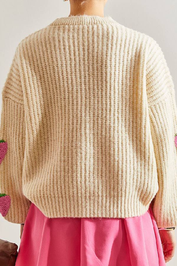 Ivyshape | V-Neck Beige Strawberry Decorated Cardigan Sweater