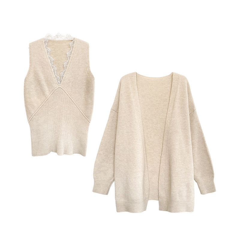 Ivyshape | Soft Lace Vest Loose Fit Fashion Sweater Suit