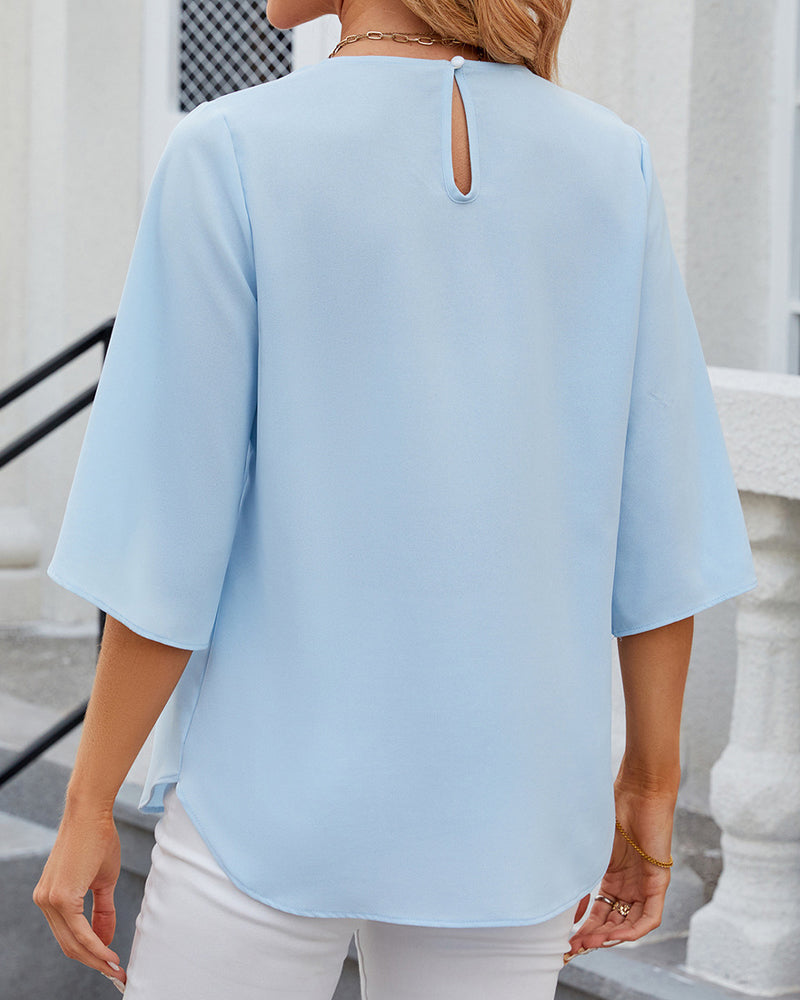 Ivyshape | Pleated Neckline Half-Sleeve Blouse