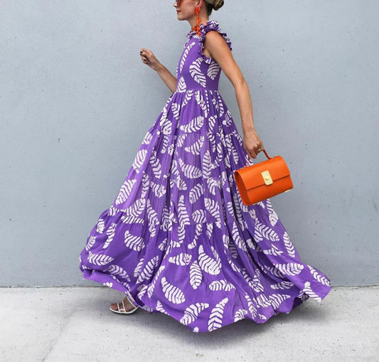 Fashion Purple Leaf Prints Maxi Dress