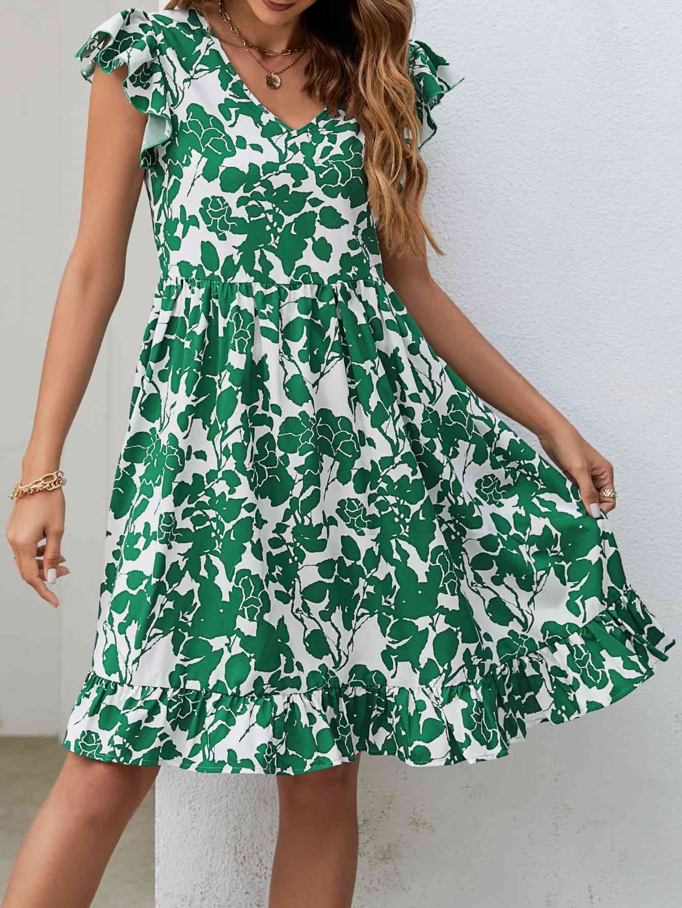 Floral V-Neck Flutter Sleeve Dress