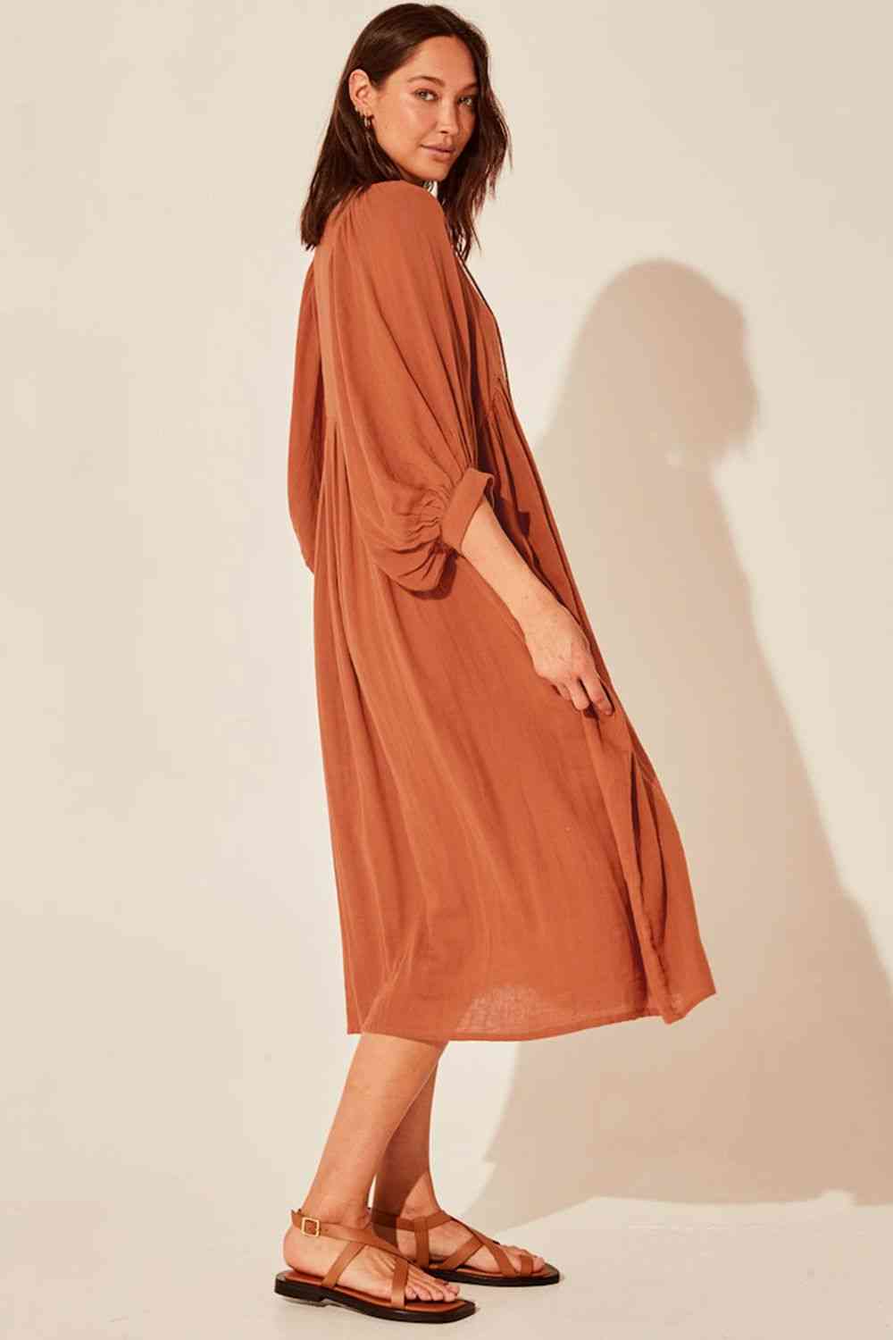 Tie Neck Lantern Sleeve Midi Dress