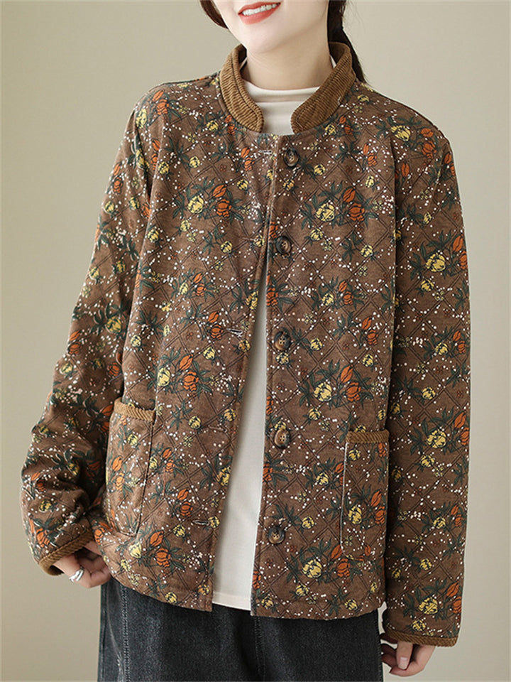 Vintage Stand Collar Button Mini Floral Print Cotton Coat