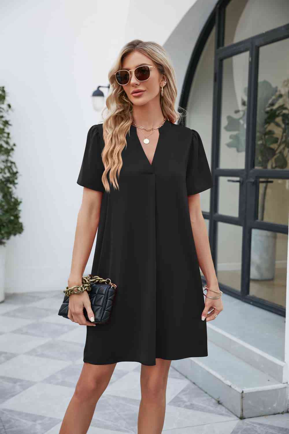 Notched Puff Sleeve Shift Dress