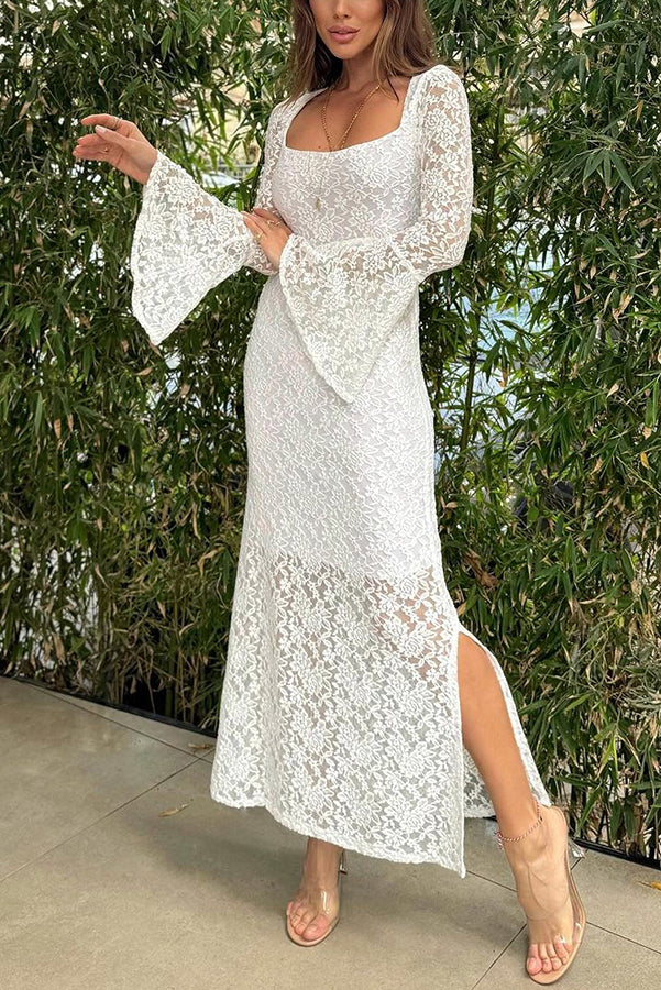 Ivyshape | Lifestyle Lace Square Neck Bell Sleeve Lined Slit Midi Dress