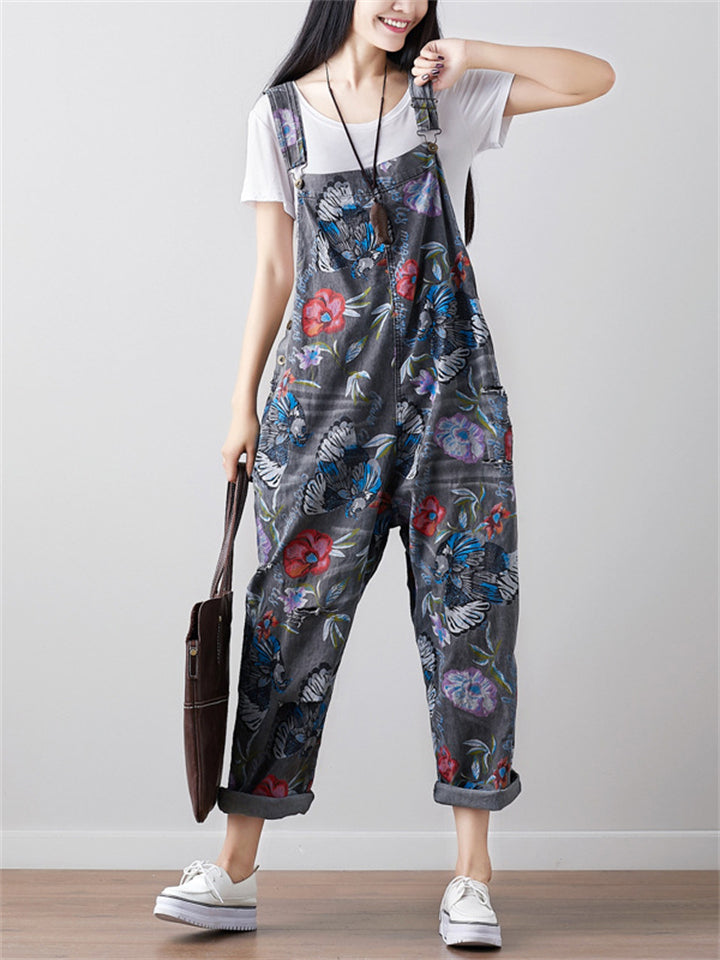 Fashion Loose Flowers Printed Denim Jumpsuits