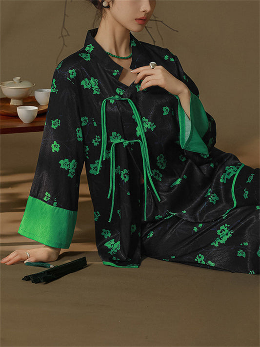 Retro Swallow Flower Print Tassel Button Women's Pajama Sets