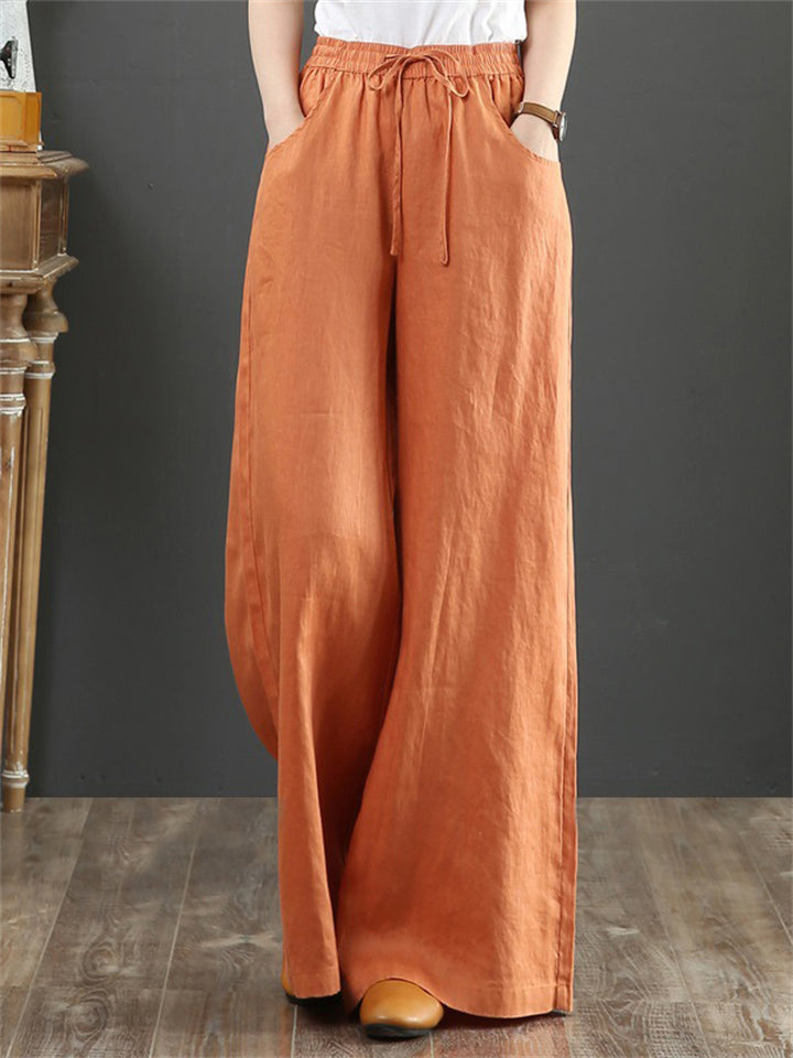 Women's Simple Linen High Waist Drawstring Wide Leg Pants