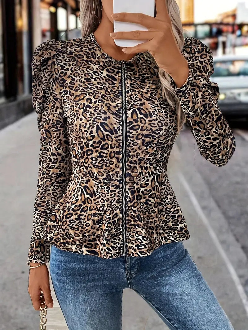 Ivyshape | Women's leisure jacket with zipper and leopard pattern