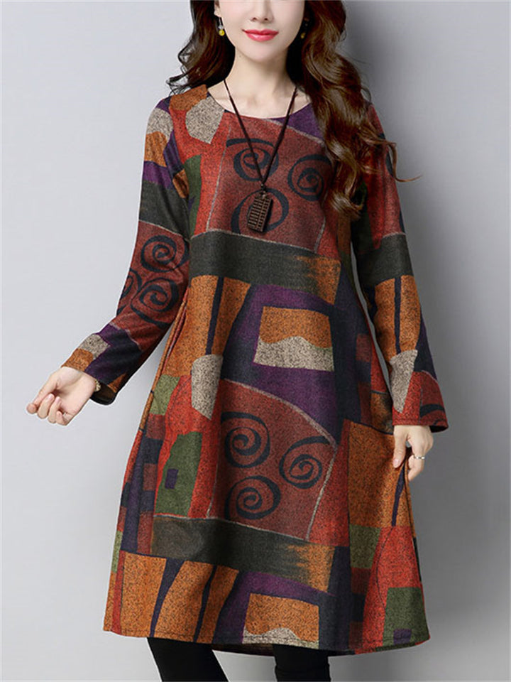 Winter Print Long-Sleeved Knee Length Woolen Dress for Lady