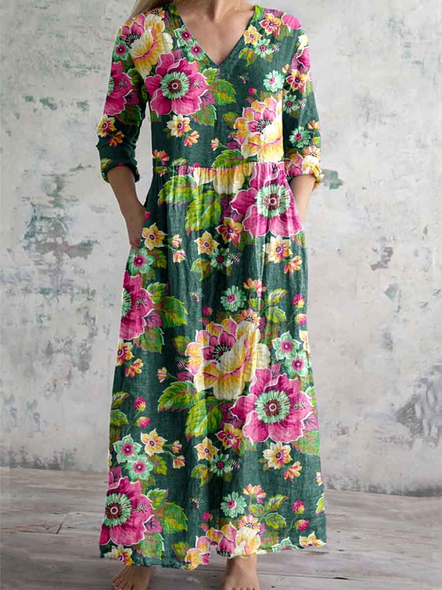 Ivyshape | Women's Vintage Elegant Floral Pattern Cotton and Linen Dress with Pockets