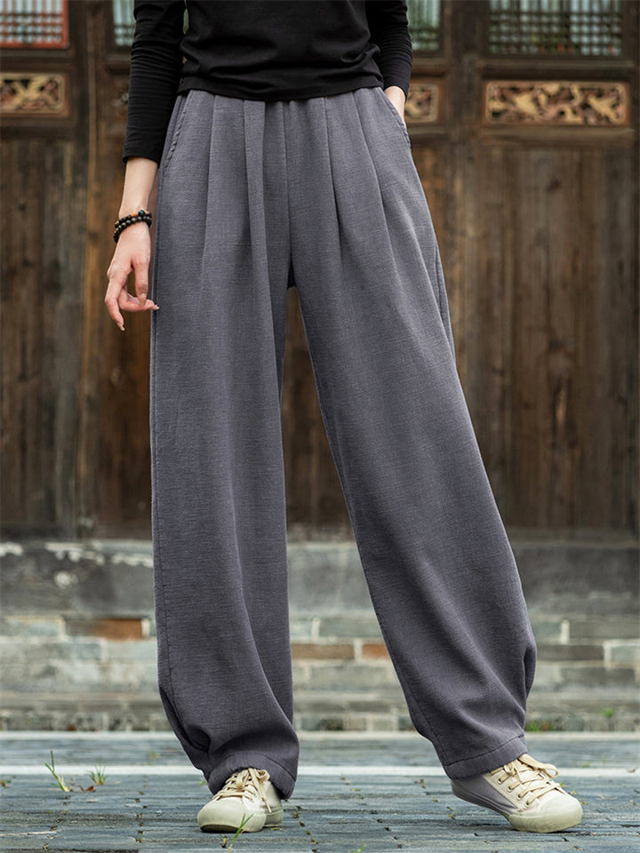 Zen Style Warm Plush Lined Linen Long Pants for Winter