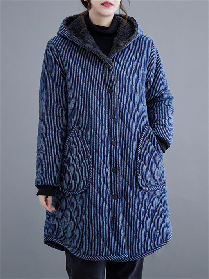 Women's Stripe Warm Plush Lining Casual Mid-Length Hooded Coat