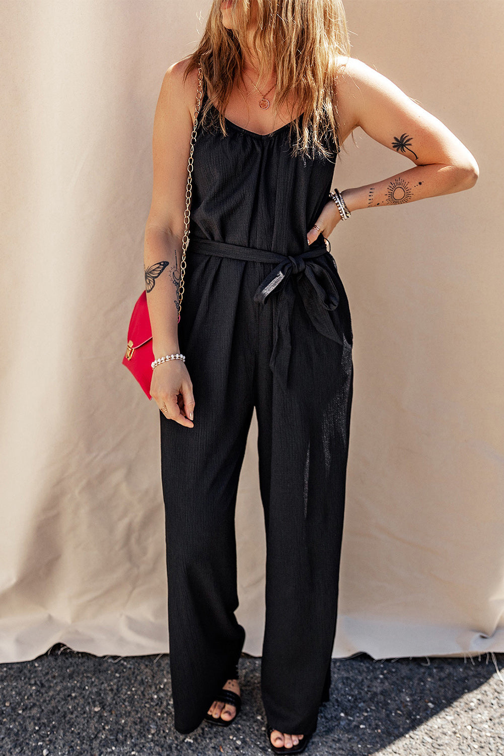 Ivyshape | Tied V-Neck Spaghetti Strap Jumpsuit