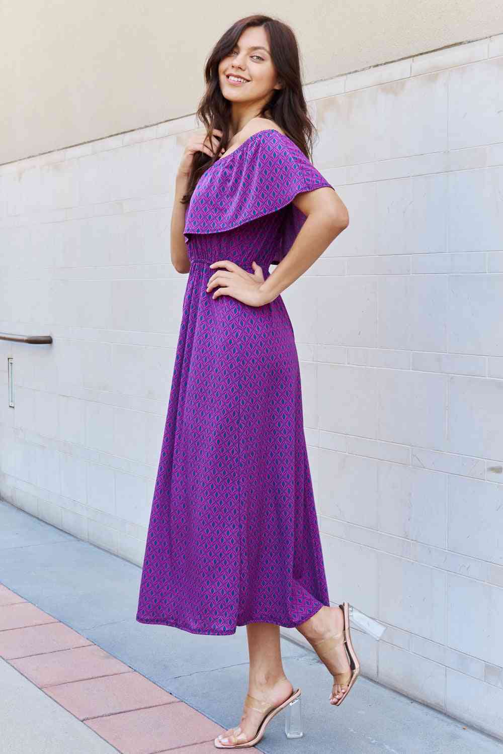 e.Luna My Best Angle Geometric Pattern Off The Shoulder Midi Dress in Purple