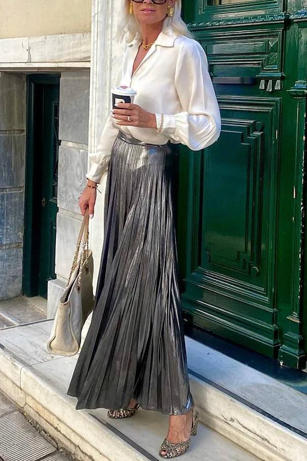 Ivyshape | Metallic Pleated Back Elastic Waist Maxi Skirt