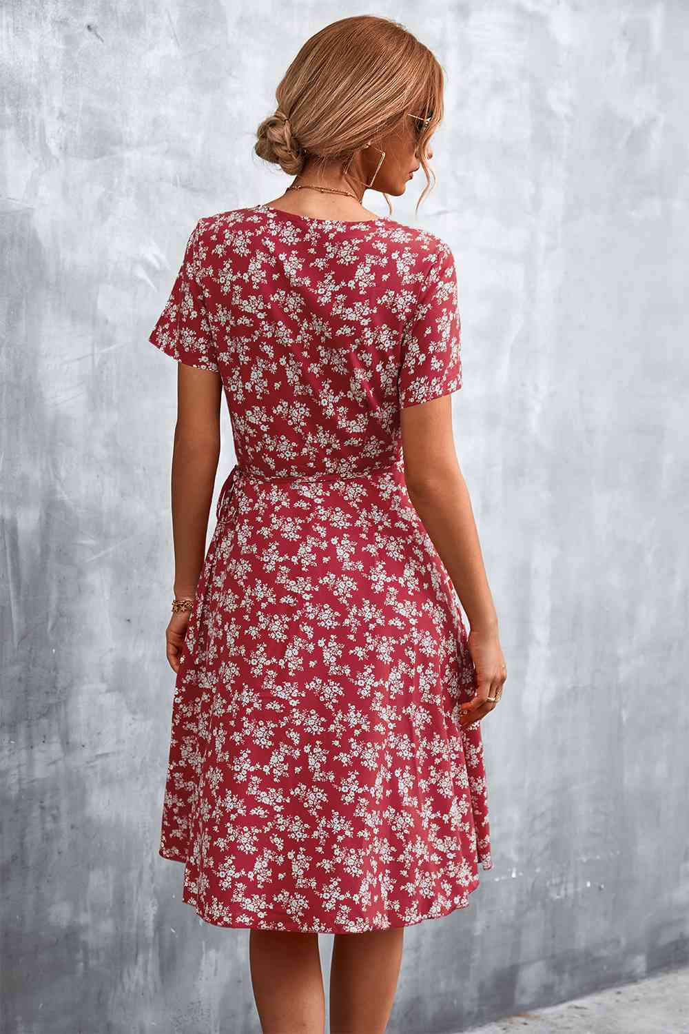 Floral Surplice Neck Flutter Sleeve Dress