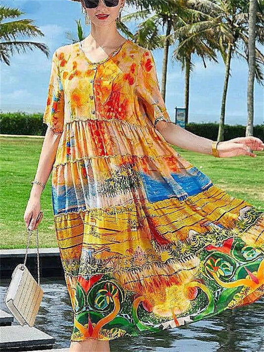 Ladies Cozy Field Beach Floral Print Splicing Silk Dress