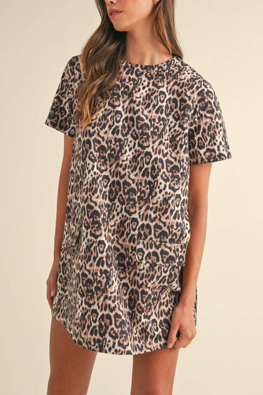 Ivyshape | Leopard Print Short Sleeve Pocket Mini Dress