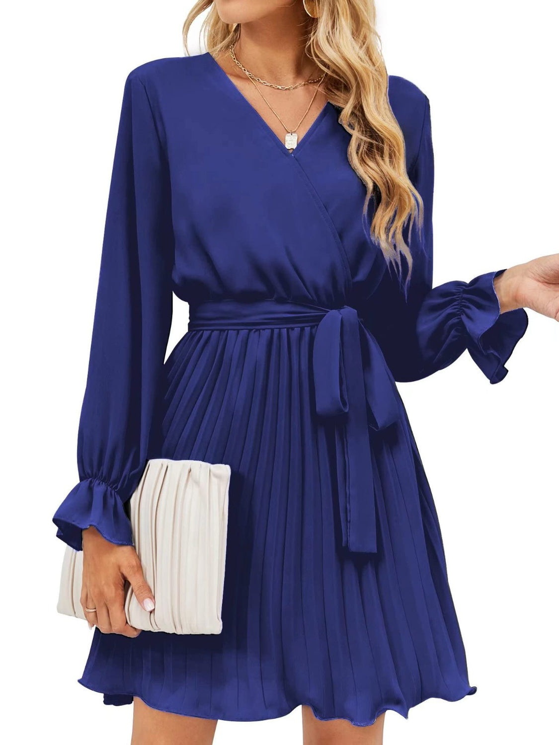 Ivyshape | Surplice Flounce Sleeve Pleated Mini Dress