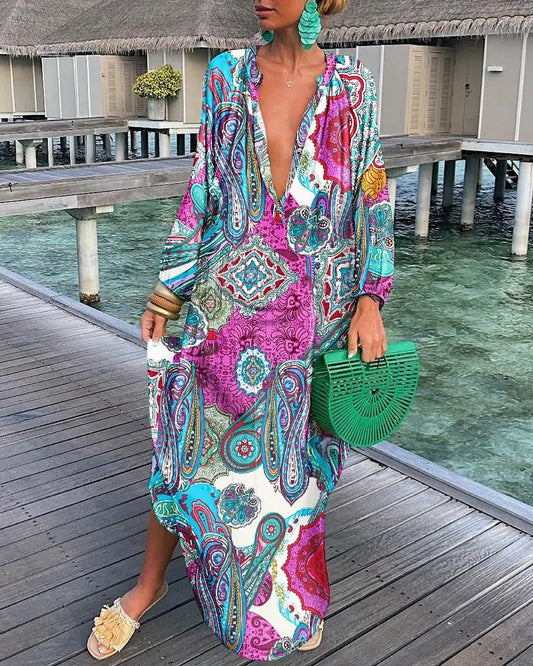 V-Neck Loose Long Sleeve Print Dress