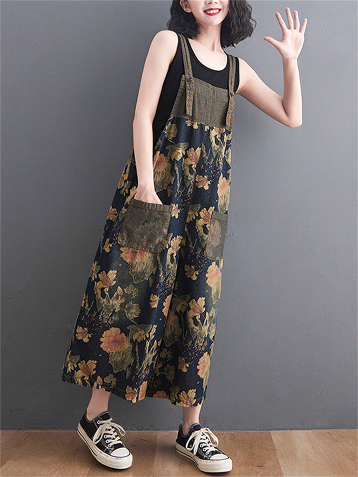 Summer Wide Leg Overalls Women's Floral Printed Denim Jumpsuits