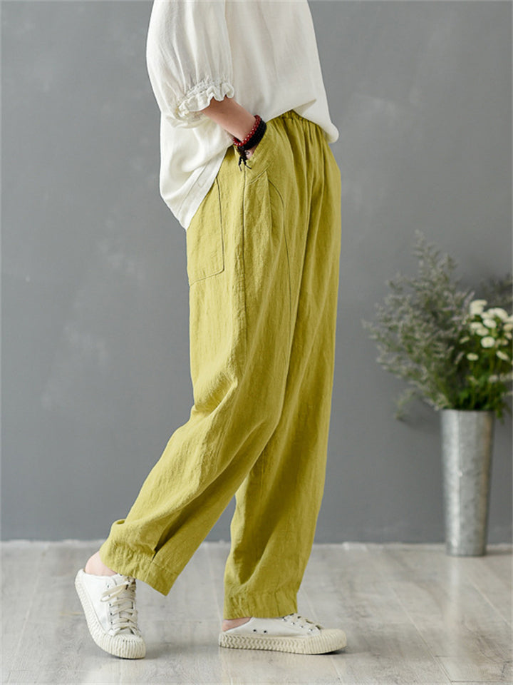 Women's Leisure Natural Linen Elastic Waist Relaxed Pants