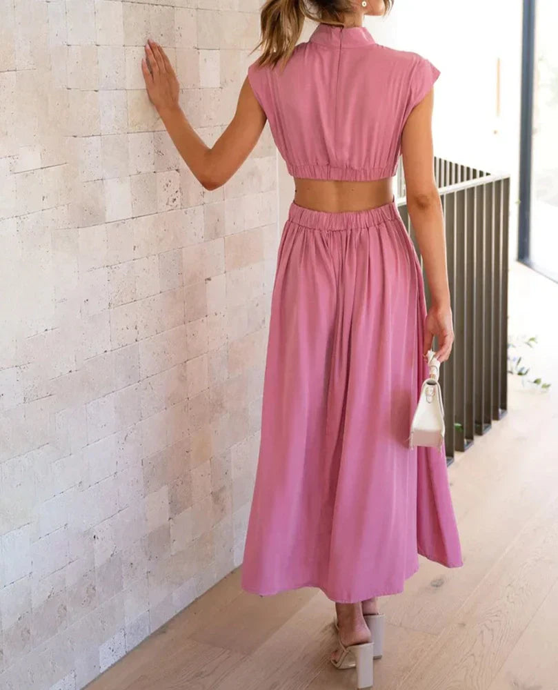 Stand Collar Solid Color Sexy Waist Midi Dress