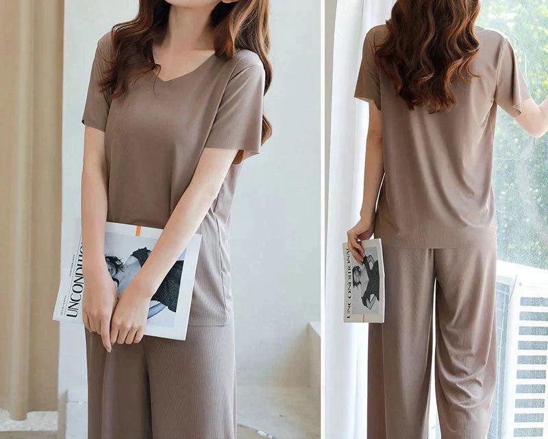 Ivyshape | Soft Ice Silk T-Shirt with Pants Set