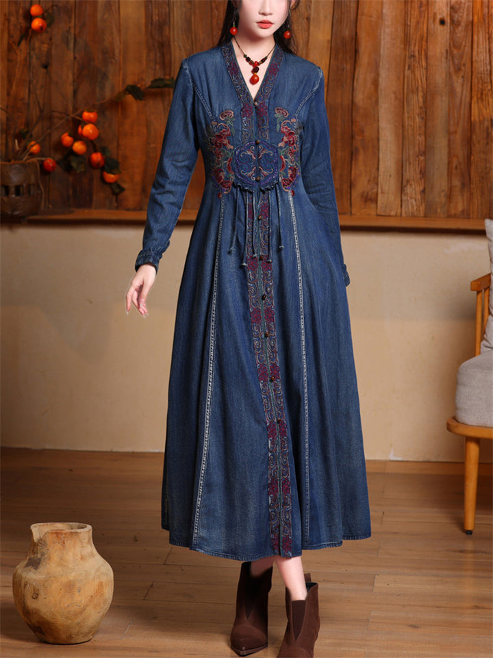 Chic Embroidery Single Breasted Mid-Length Denim Dress