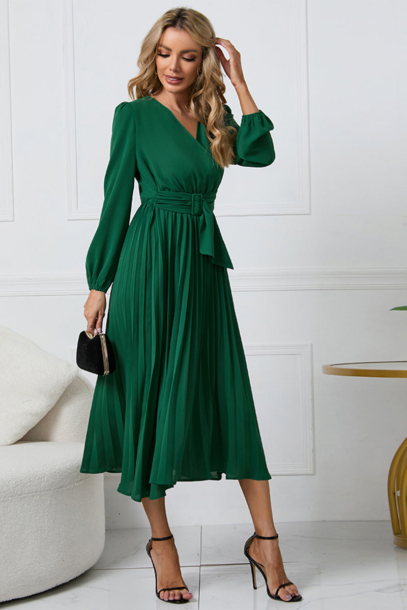 Ivyshape | V-Neck Long Sleeve Tie Waist Midi Dress